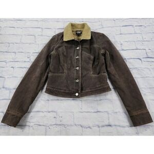 Guess Jacket WOMENS M Brown Denim Jean Sherpa Lined Bomber Trucker VINTAGE 90s